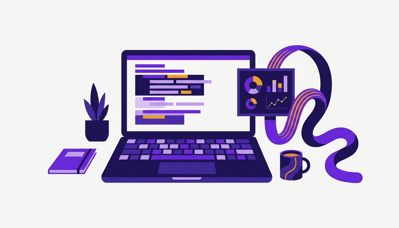 Laptop mit abstrahierten Codeblöcken, daneben schlingt sich ein Band um ein Diagramm