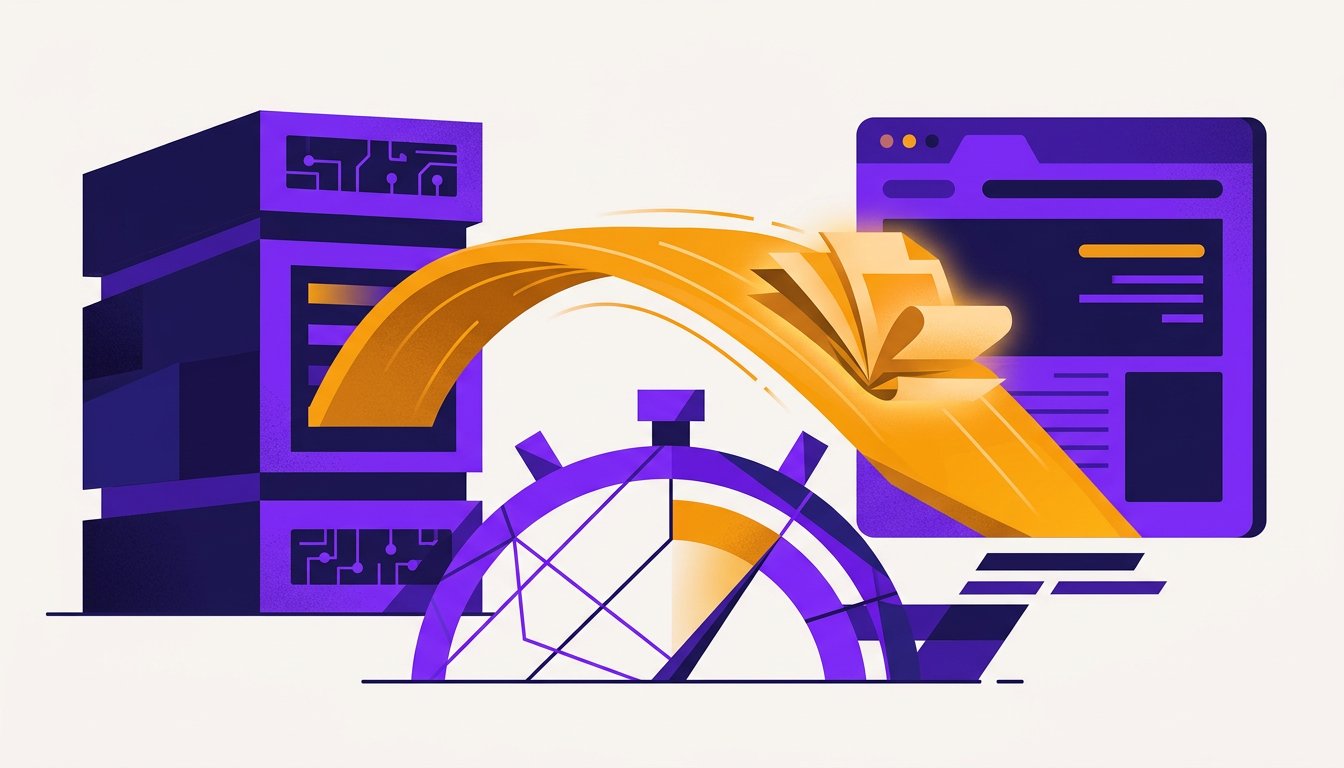 Vorbereitete Seitenkopie eilt über eine Expressspur vom Server zum Browser, daneben Stoppuhr