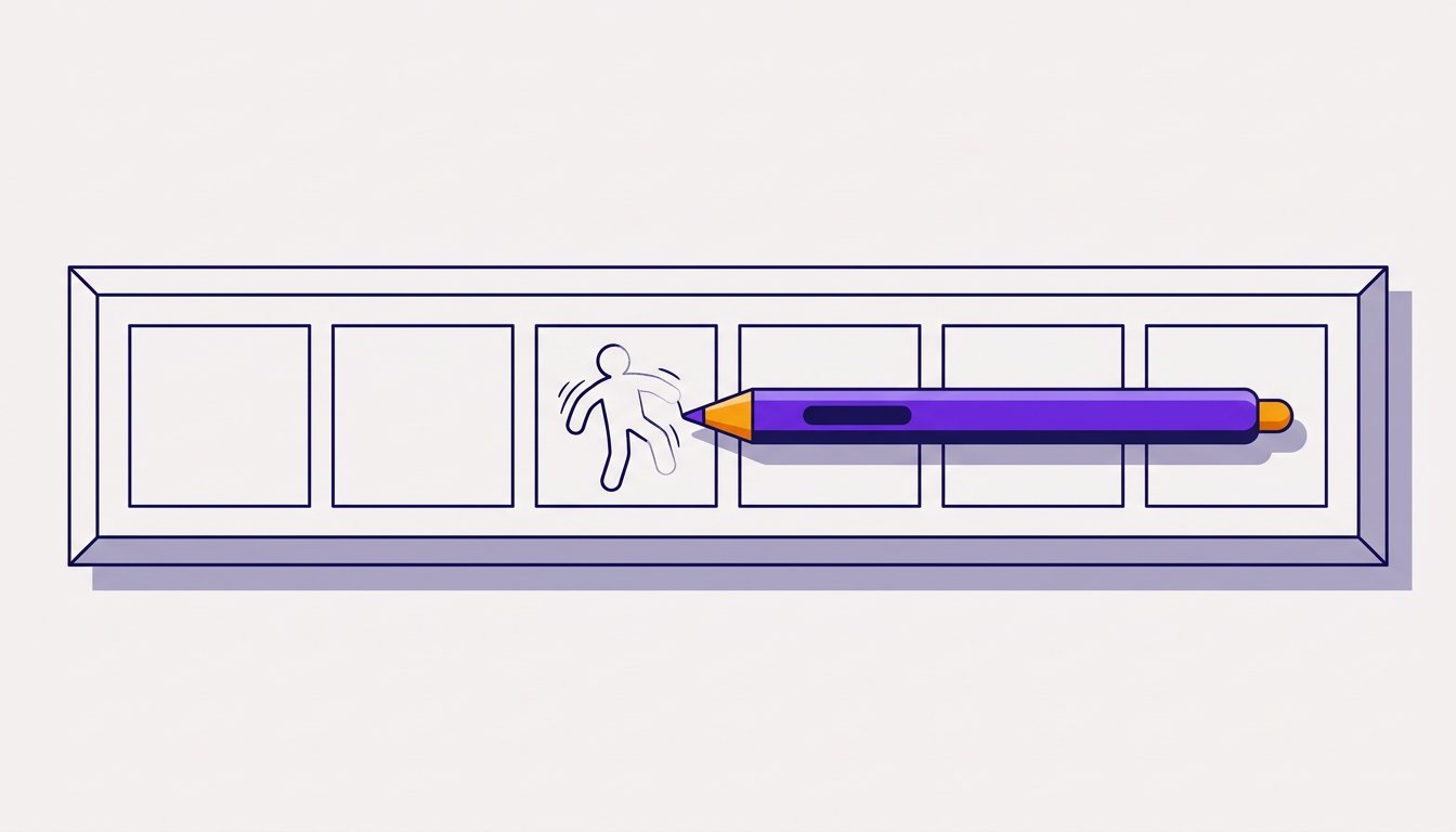 Storyboard mit sechs Feldern auf dem Schreibtisch, eine Figur entsteht im dritten Feld