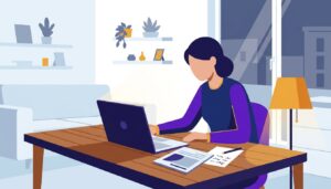 Fernstudentin arbeitet abends am Schreibtisch mit Laptop, Studienbrief und handschriftlichen Notizen